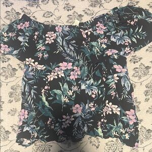American Eagle Outfitters Black Off-Shoulder Top with Pink & Green Floral Print